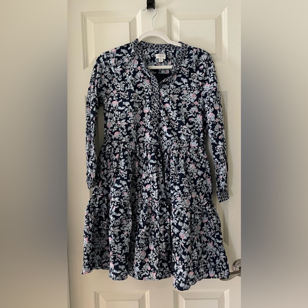 J.Crew Mixed-print floral tiered long sleeve dress, blues, pink & white size XS